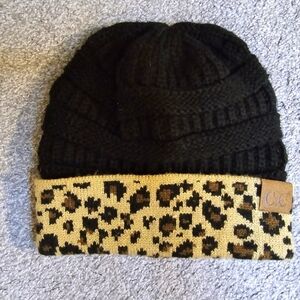 CC Animal Print and Black Stocking Cap EUC